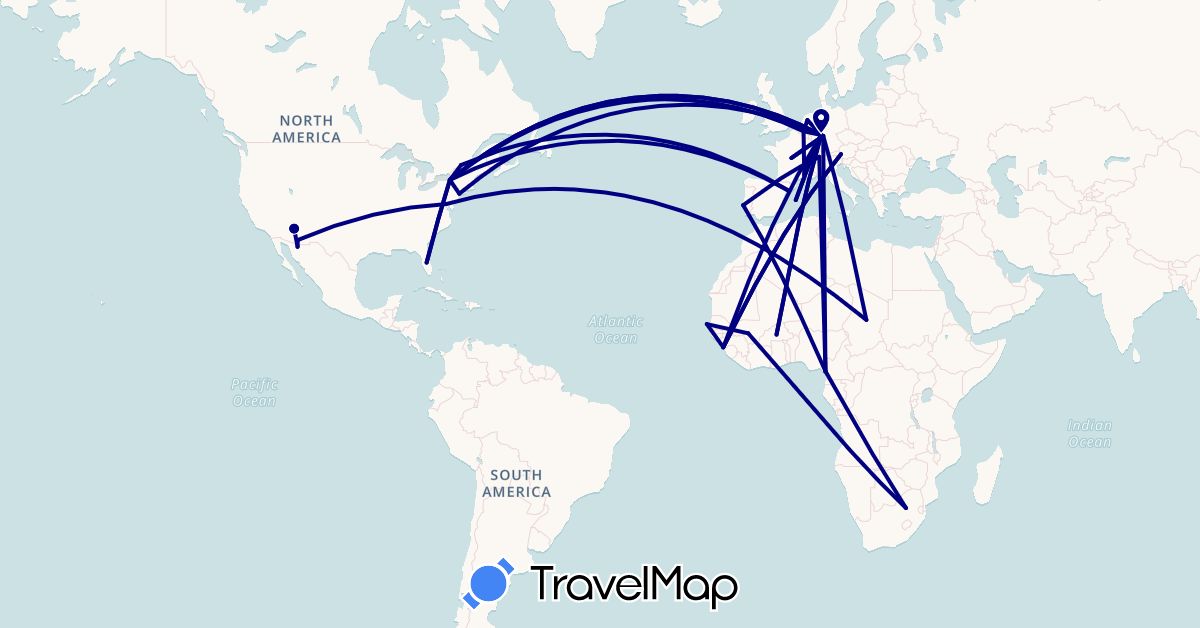 TravelMap itinerary: driving in Austria, Belgium, Burkina Faso, Canada, Switzerland, Cameroon, Germany, Spain, France, Guinea, Mali, Mexico, Netherlands, Portugal, Senegal, Chad, United States, South Africa (Africa, Europe, North America)